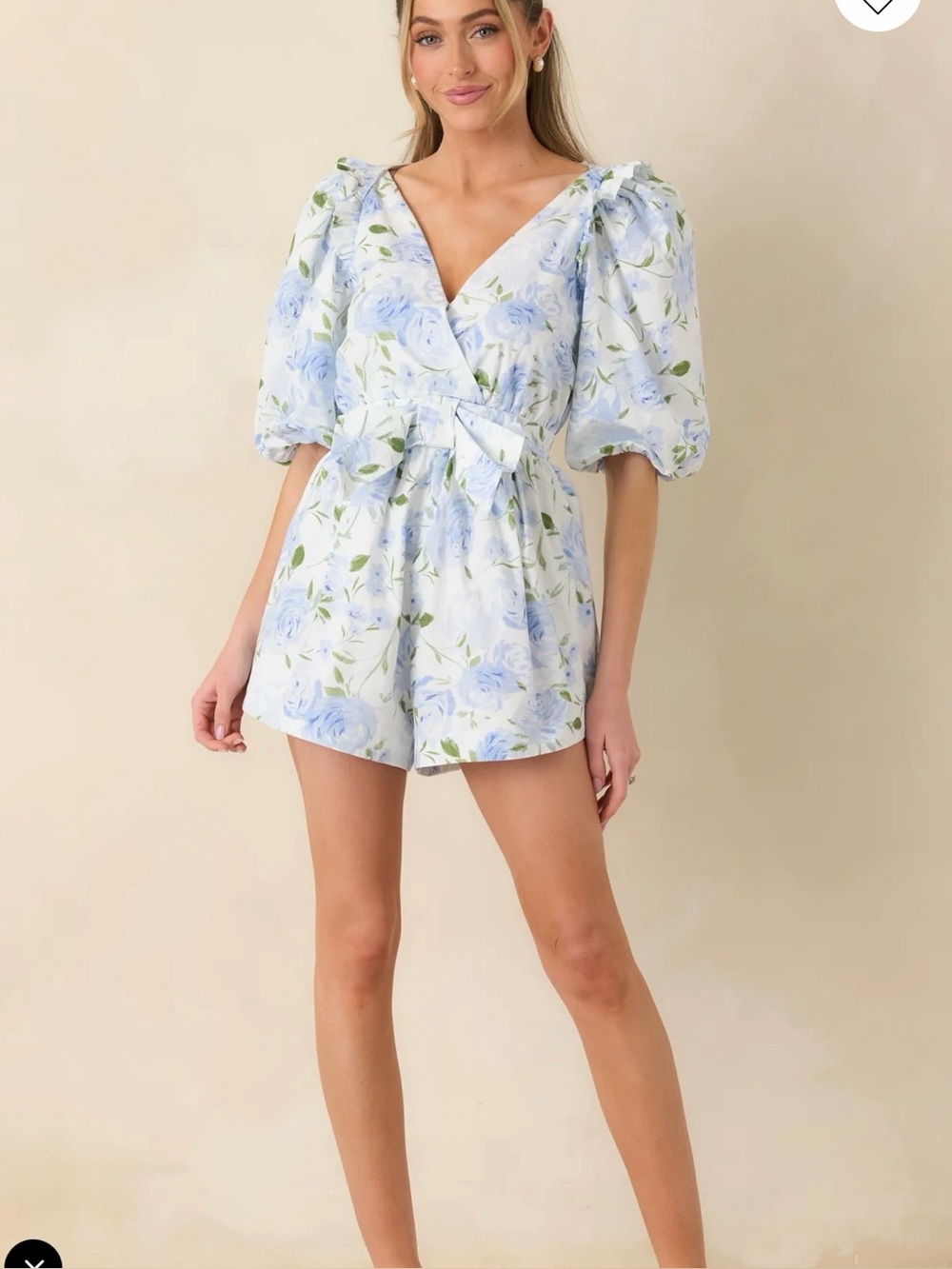 Prosperina Floral Puff-Sleeve Romper in Light Blue Size M